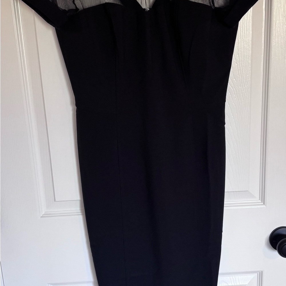 Maggy London Black Midi Sheath Dress with Illusion Neckline